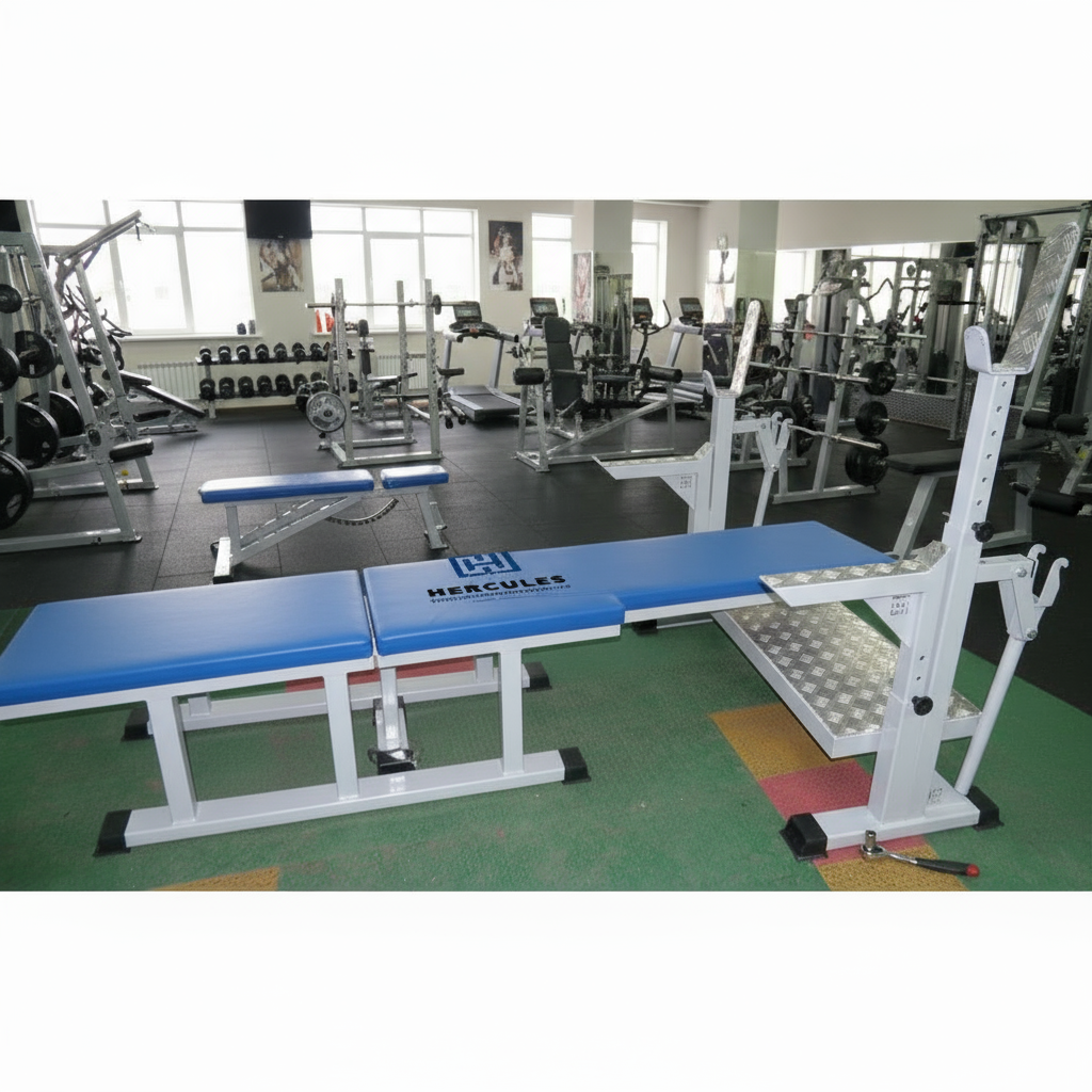 картинка Скамья со стойками для жима лежа для инвалидов от производителя реабилитационного оборудования и ЛФК