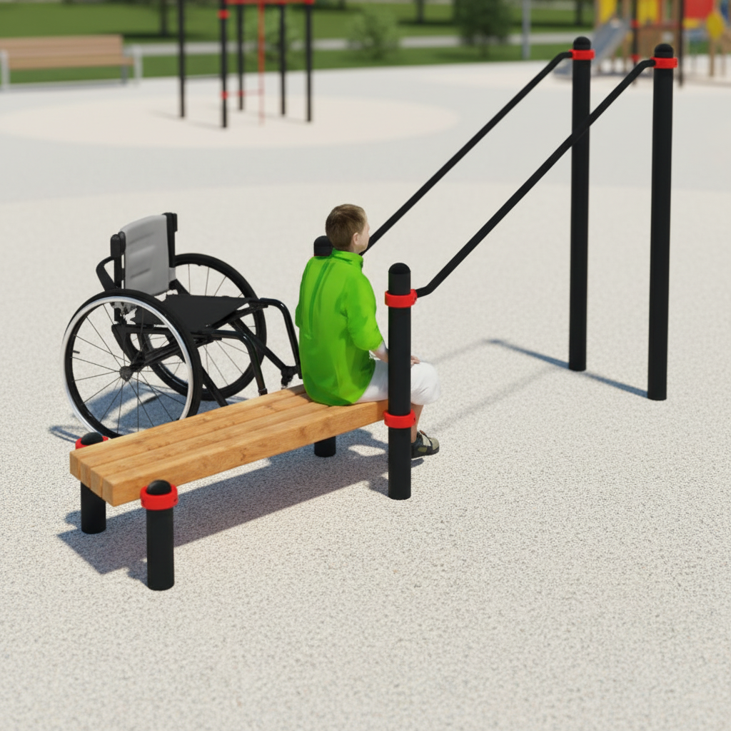 картинка W-8.06 Брусья наклонные со скамьей для инвалидов-колясочников от производителя реабилитационного оборудования и ЛФК