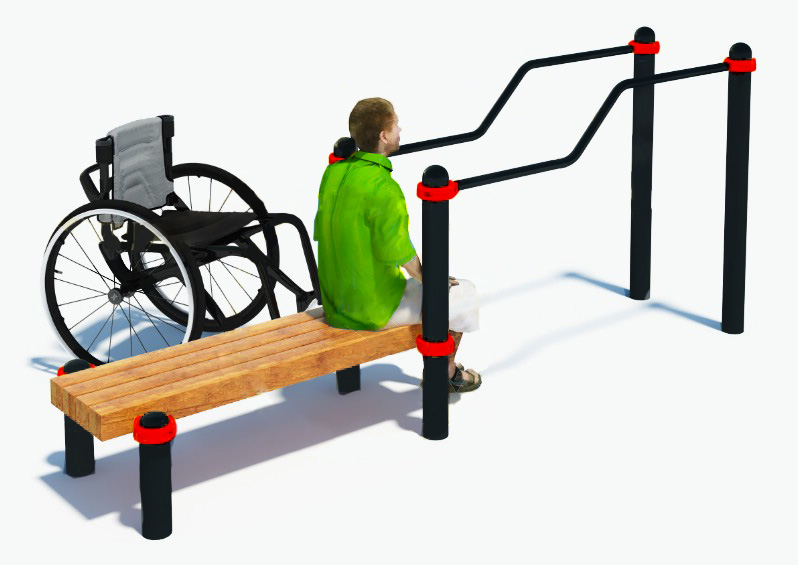 картинка W-8.05 Брусья двухуровневые со скамьей для инвалидов-колясочников от производителя реабилитационного оборудования и ЛФК