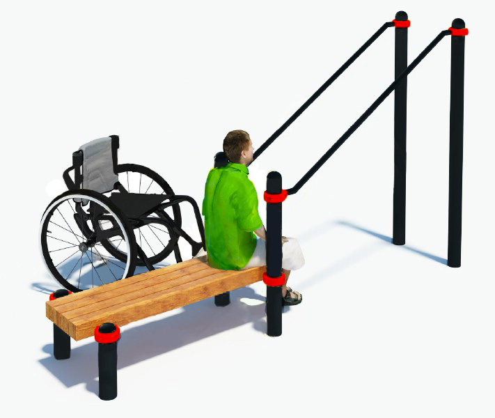 картинка W-8.06 Брусья наклонные со скамьей для инвалидов-колясочников от производителя реабилитационного оборудования и ЛФК